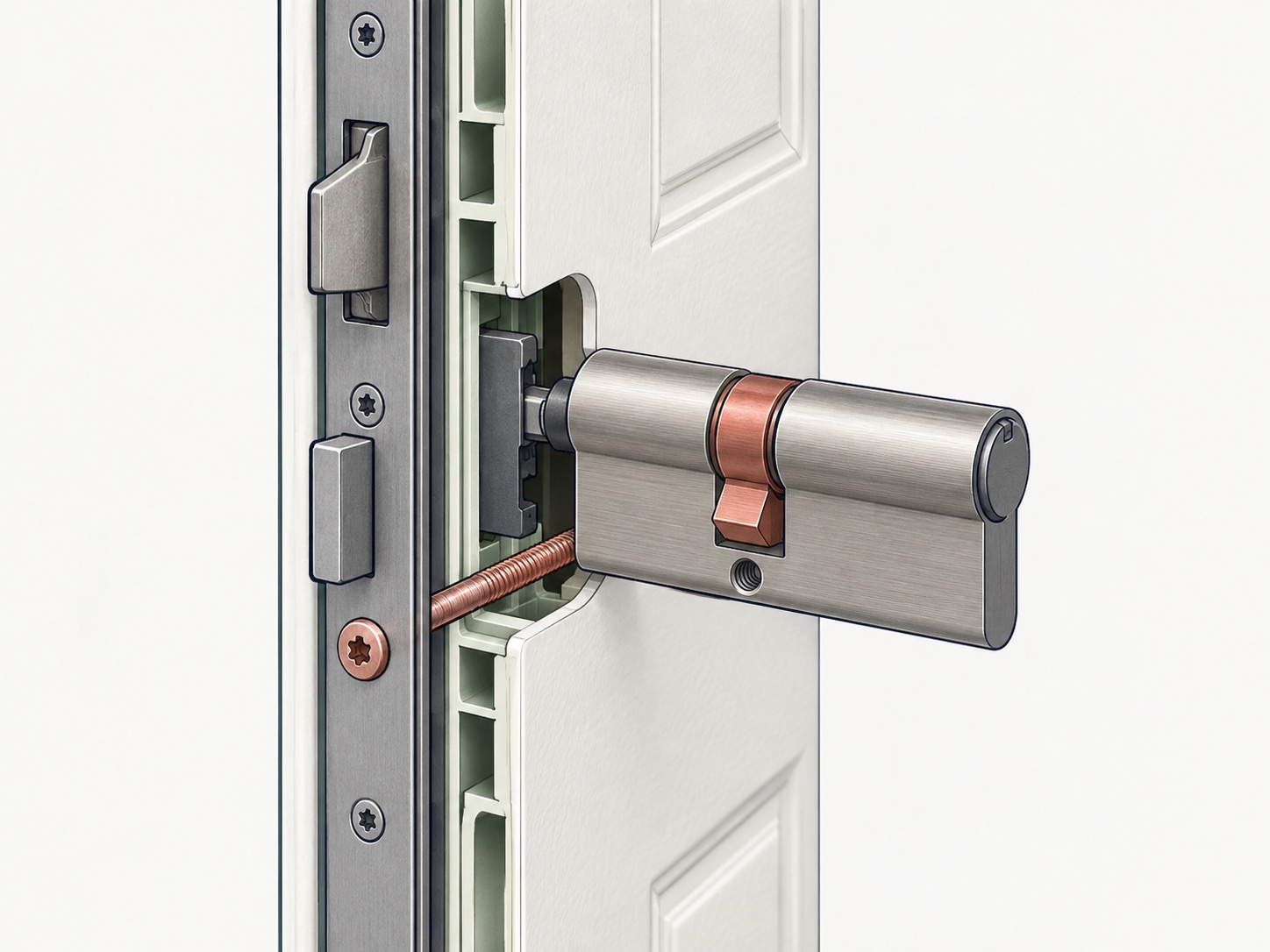 Cutaway drawing of a euro cylinder partly removed from a modern door, showing the retaining screw and central cam