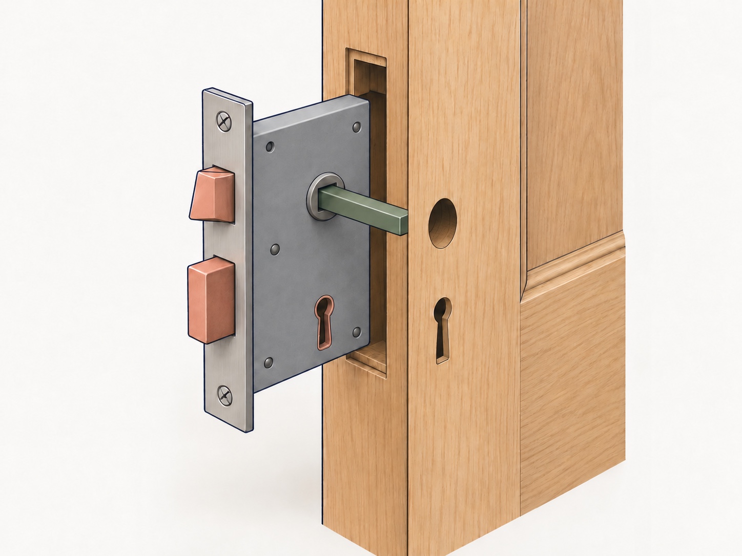 Cutaway drawing of a mortice sashlock partly removed from a timber door, showing its latch, bolt, spindle hole and faceplate