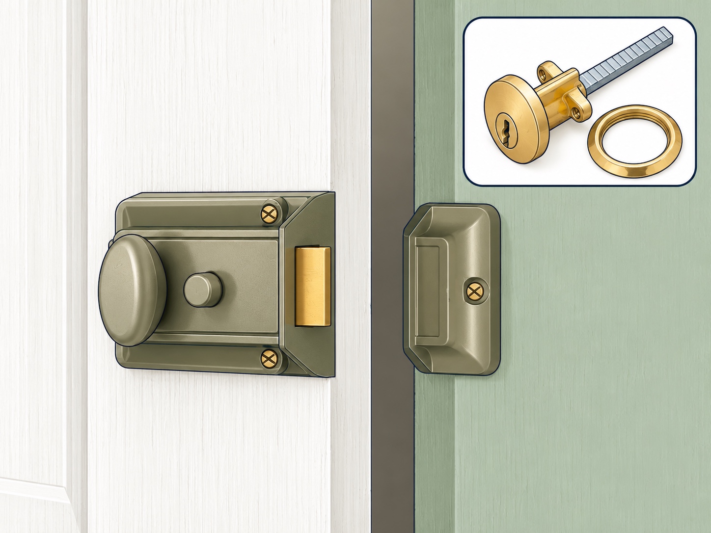 Doodle-style illustration of a UK rim night latch fitted to a partly open door, with an inset showing the removable rim cylinder and trim ring